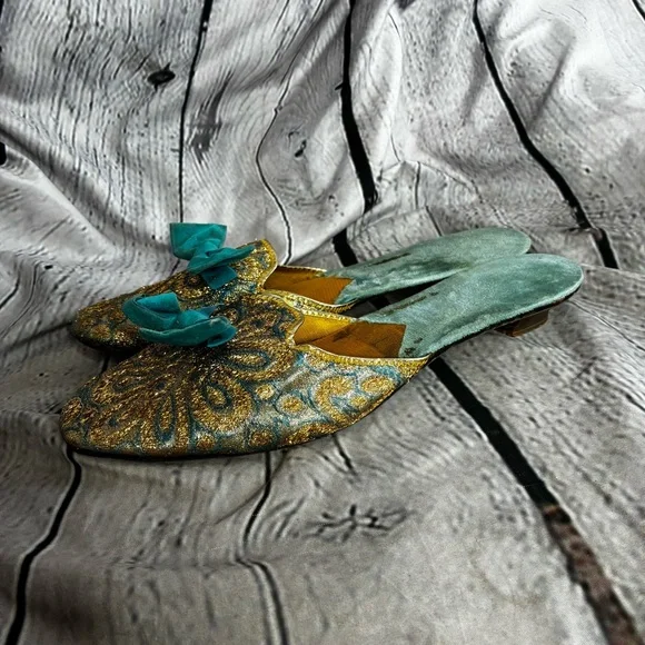 Vintage Ornate Brocade Bow Low Heel House Jacquard Slippers Gold Teal AS IS 10.5 - Picture 5 of 8